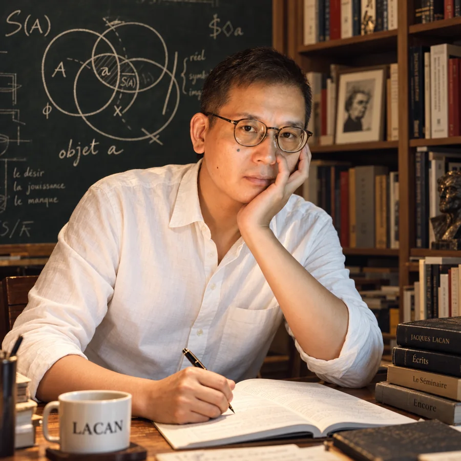 仇满智的形象照,坐在书桌前,背景为书架与黑板